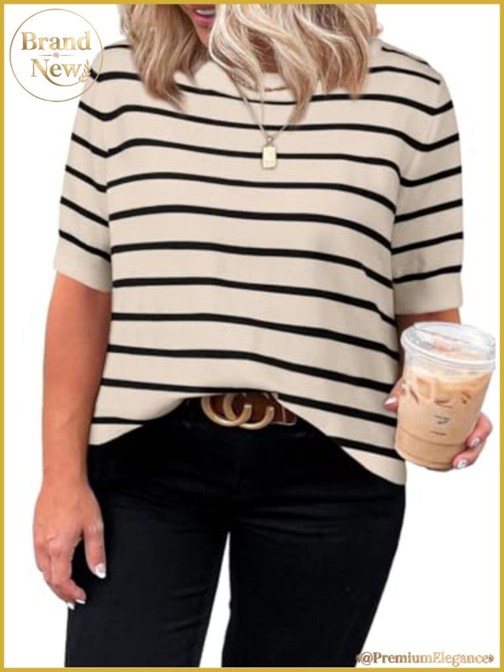 Plus Size Striped Pullover Sweater Short Sleeve Crewneck Knit Top